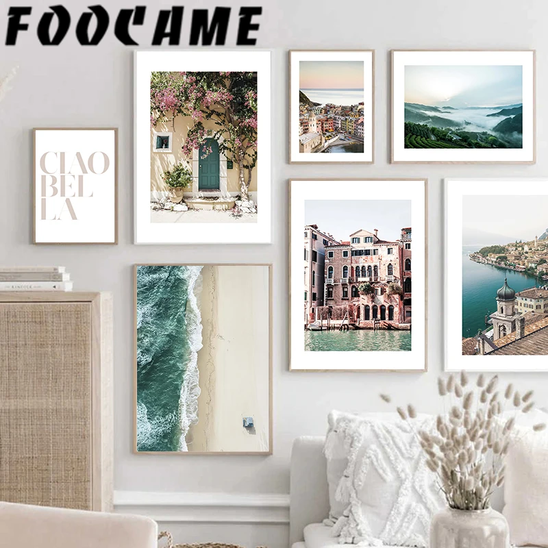 

Sea Flowers Seaside City Natural Scenery Nordic Wall Art Poster Landscape Painting Canvas Print Decorative Pictures Living Room