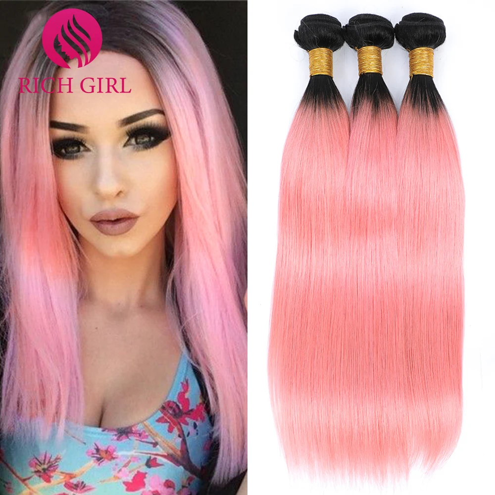 

Richgirl Hair Products Brazilian Straight 3 Hair Bundles 1B/Pink Two Tone Ombre 100% Remy Human Hair Weave Bundles Extensions