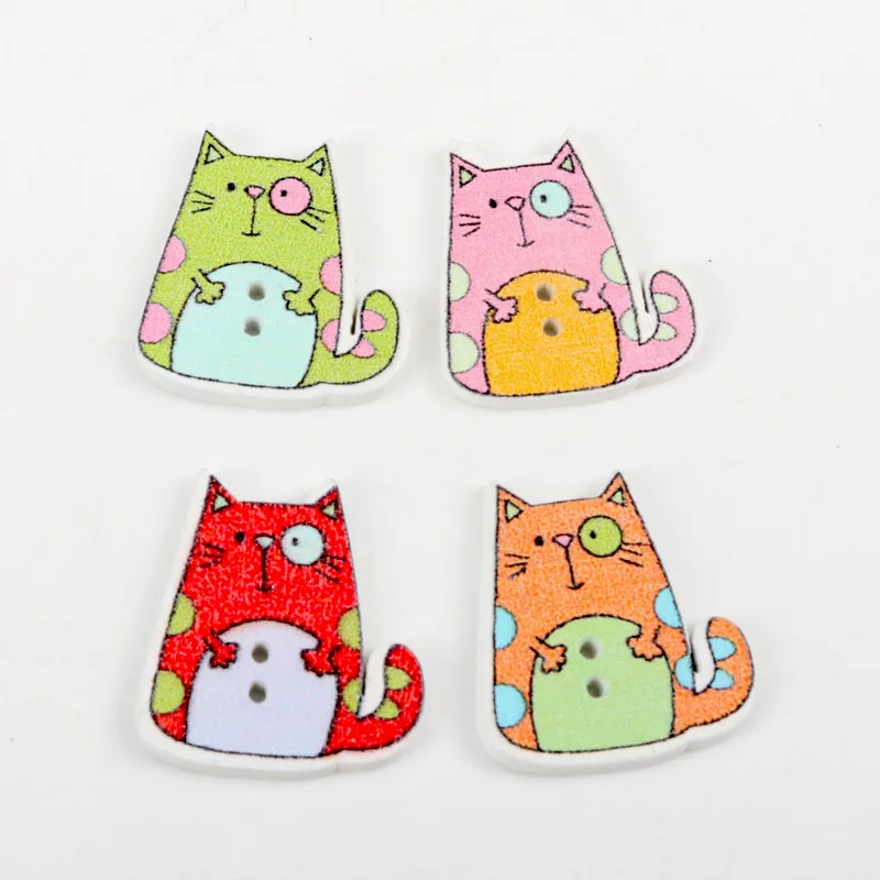 2019 mixed 6colors cat Painted Colorful Wooden Buttons Scrapbooking Decorative Craft 2 Holes Sewing Supplies 22x25mm 20pcs