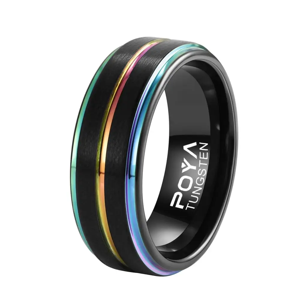 New 8mm Width Black Rings for Men Tungsten Carbide Band Brushed Finishing Rainbow Colorful Size 7-12 Comfort Fit Best Gift