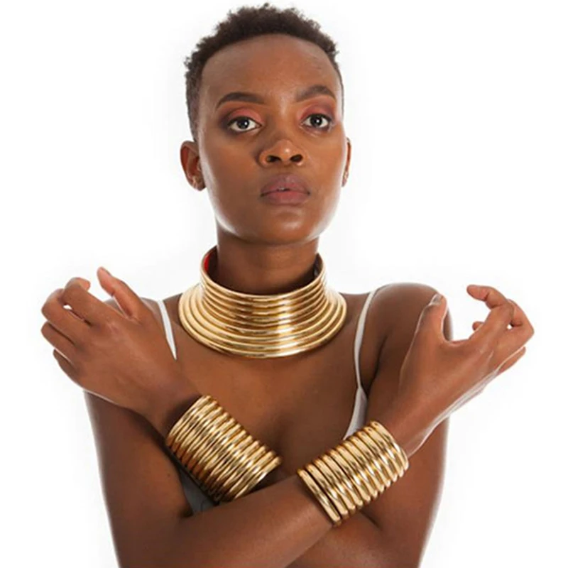 UDDEIN Vintage Statement Choker Naszyjnik i wisiorek Złoty kolor Skórzana afrykańska biżuteria dla kobiet Torques Collar Maxi Necklace Set