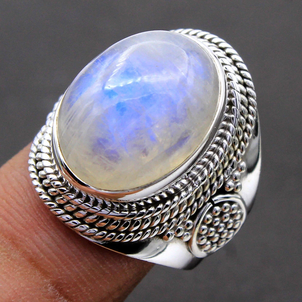 Naturalny kamień księżycowy pierścionek damski biżuteria ze srebra próby 925 Retro pierścionek na imprezę 10x14MM duża elipsa klejnot prezent hurtowo