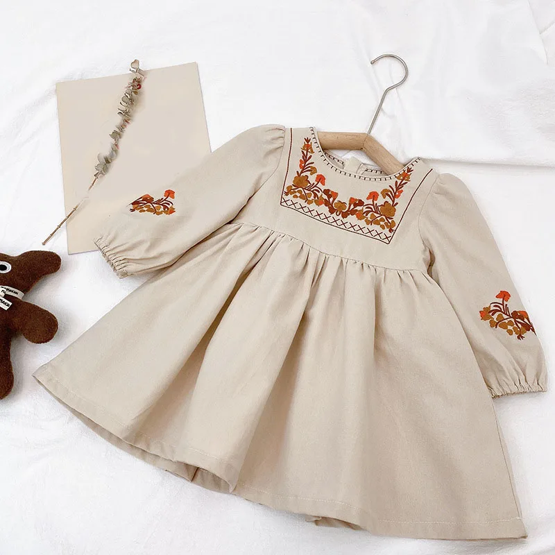 Children'S Autumn Dress 2022 New Girls Dress Casual Kids Clothes Palace Style Retro Embroidery Baby Girl Princess Dress