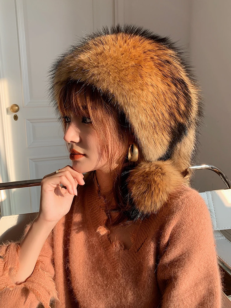 New Design Women's Real Silver Fox Fur Hat Winter Thick Genuine Raccoon Fur Cap Warm Soft Luxury Headwears