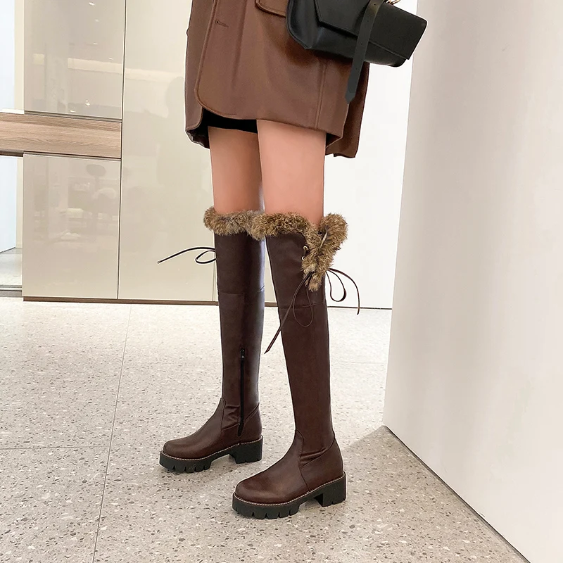 Cuffed Faux Fur Thick-Soled Over-The-Knee Boots Lace-Up Side Buckle Sweet Thick-Heeled Boots Warm And Comfortable Women\'s Shoes