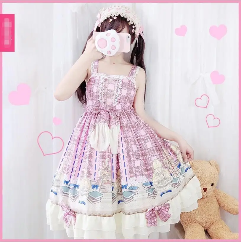 Vintage Princess Princess Lolita Dress Ruffles Spaghetti Strap Pink Kawaii Sweet JSK Dress Bowknot Japanese Tea Party Dress