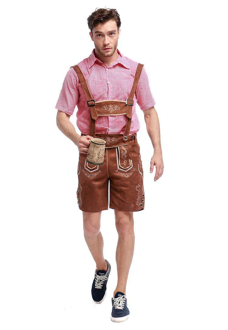 Hoge Kwaliteit Man Duits Oktoberfest Kostuum Volwassen Faux Suede Lederhosen Shirt Bier Heren Set Halloween Cosplay Kostuums