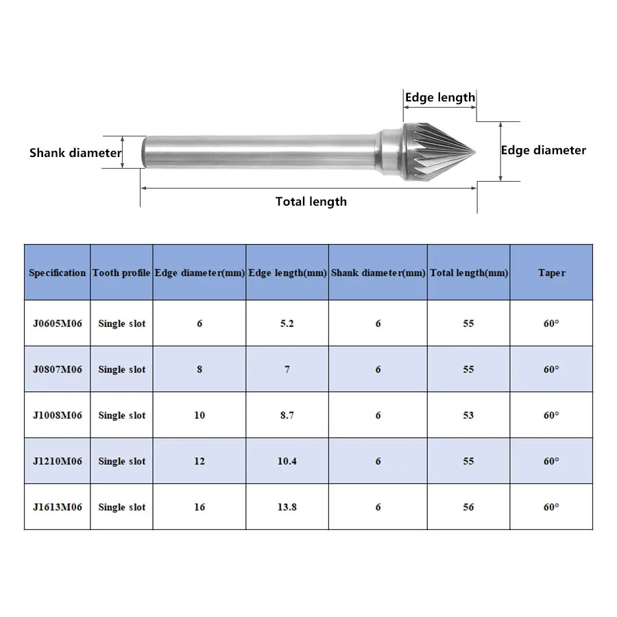 6mm Carbide Rotary File Cross Teeth 60° Conical Type J JX1210M06 Tungsten Steel Rasp Milling Cutter Grinding Point Trimming Burr