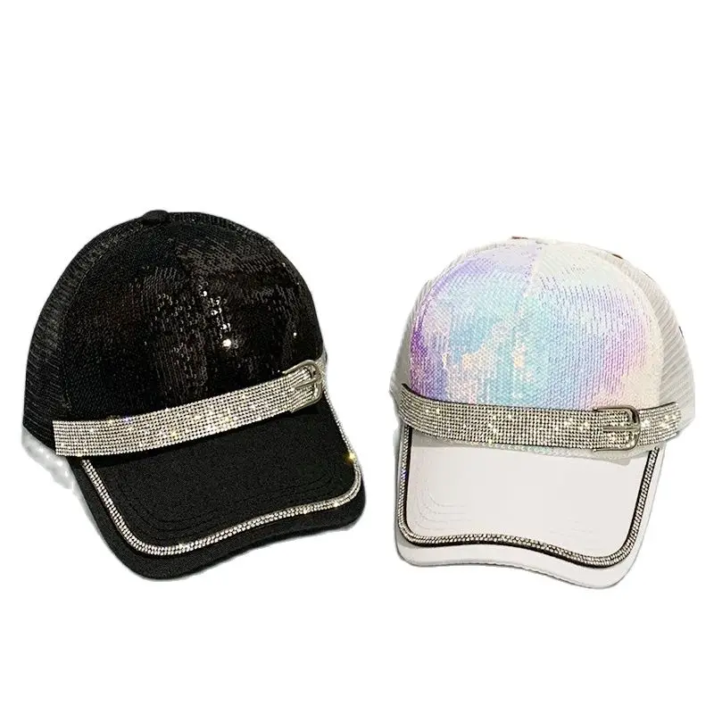 RUIXF002 Summer rhinestone cotton snapback Trucker hat Women strap belt trip baseball cap sequins  fitted Sun hat Hip hop cap