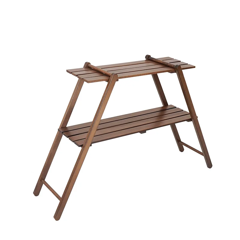 Outdoor Camping Double Shelving Wooden Shelves BBQ Picnic Storage Rack Garden Patio Outdoor Indoor Flower Plant Holder Stand