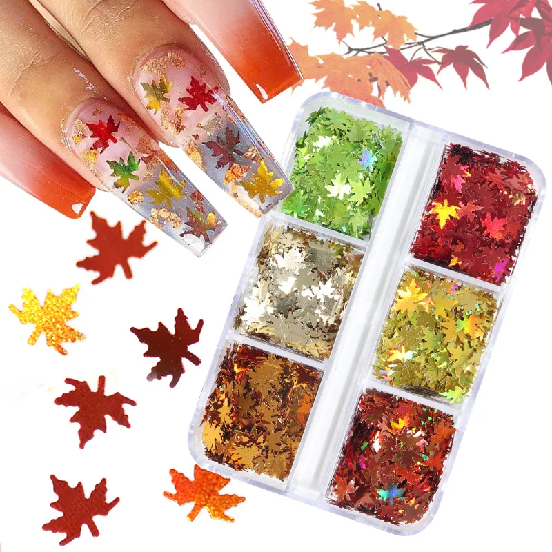 6 Grids/Box Metal Color Maple Leaf Sequins Laser Color Leaves Thanksgiving Day Nail Sequins DIY Nail Design Accessories Set