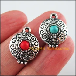 12Pcs Tibetan Silver Tone Flower Red & Blue Stone Round Charms Pendants 14x18.5mm