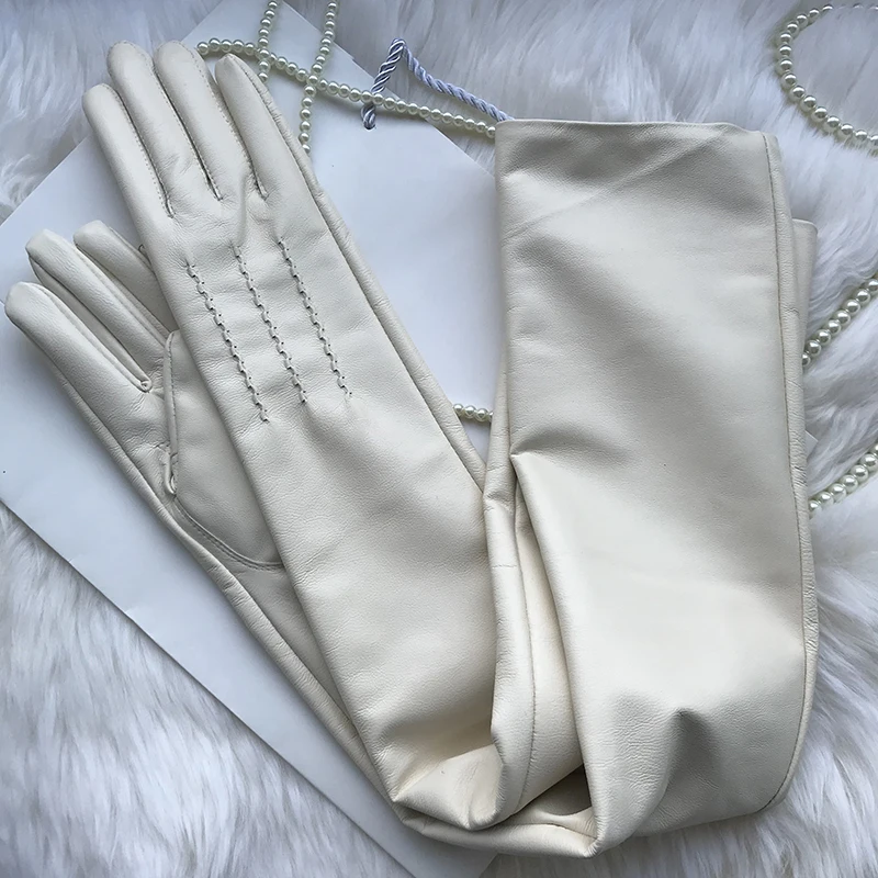 Guantes de piel de oveja para mujer, manoplas largas bordadas, coderas, Mangas de brazo, cuero genuino para mujer, guantes finos de moda