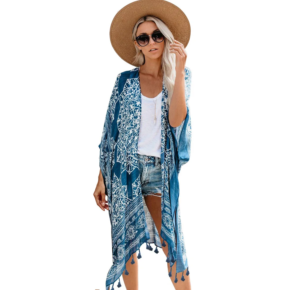 TEELYNN z etnicznym kwiatowym nadrukiem długa bluzka boho bikini na plażę coverup damska suknia fringe tunika letni kardigan swim kimono cover up