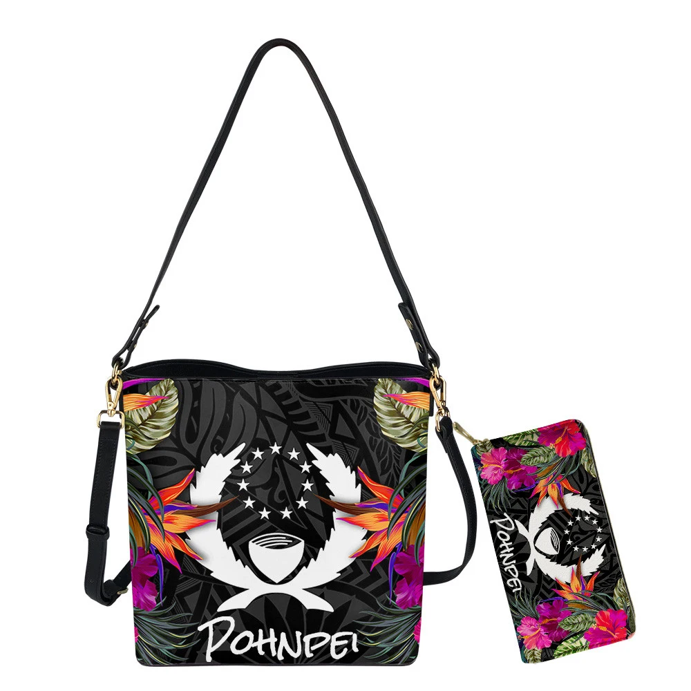 Noisydesigns Women Luxury PU Leather Bucket Bag And Purse Pohnpei Hawaii Polynesian Hibiscus Printing Shoulder Bolsa Totes Sac