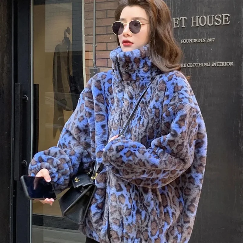 Retro Hong Kong style leopard-print lamb plush Coat women's short fur autumn and winter Korean version loose thick fur coat