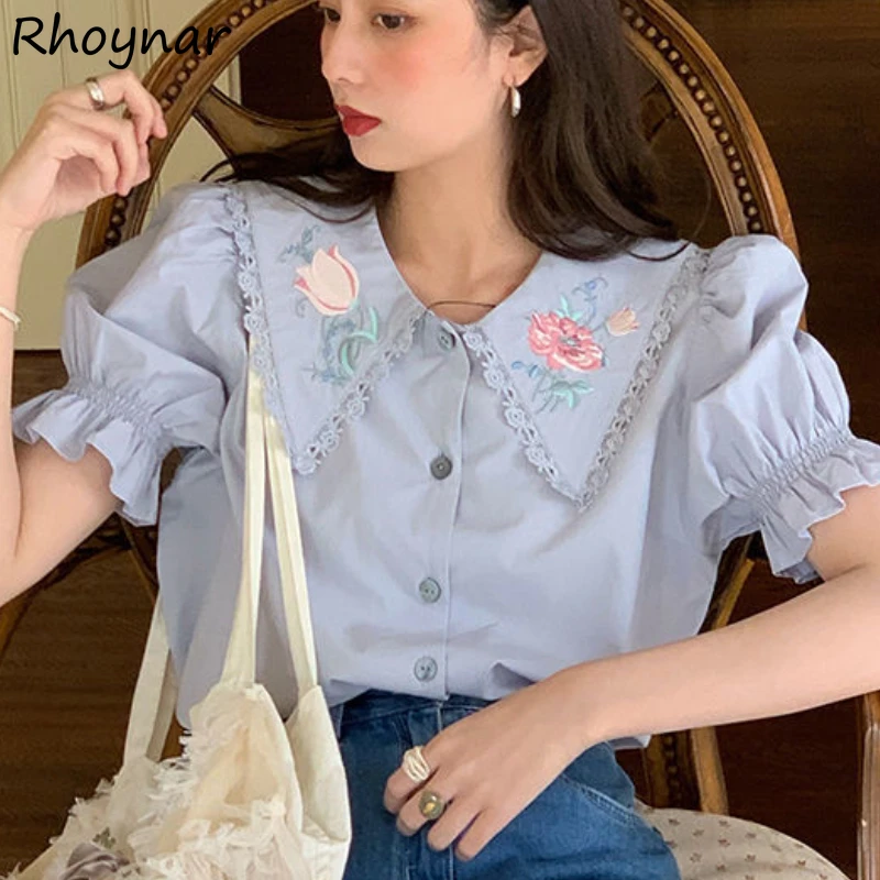 Women Shirts Summer French Style Vintage Embroidery Stylish Simple Solid Cozy Peter Pan Collar Tops Puff Sleeve Sweet Elegant