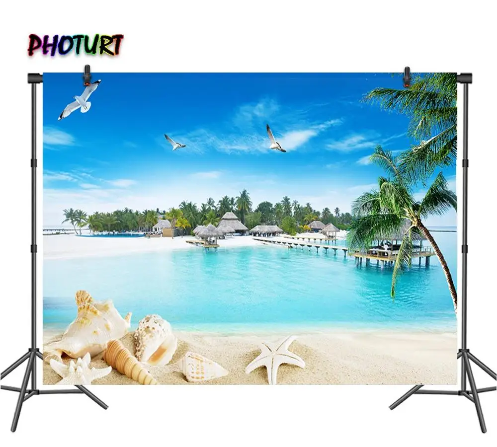 PHOTURT Sea Beach Shell Photography Backdrop Wedding Birthday Party Decorate Background Natural Scenery Vinyl Photo Banner Props