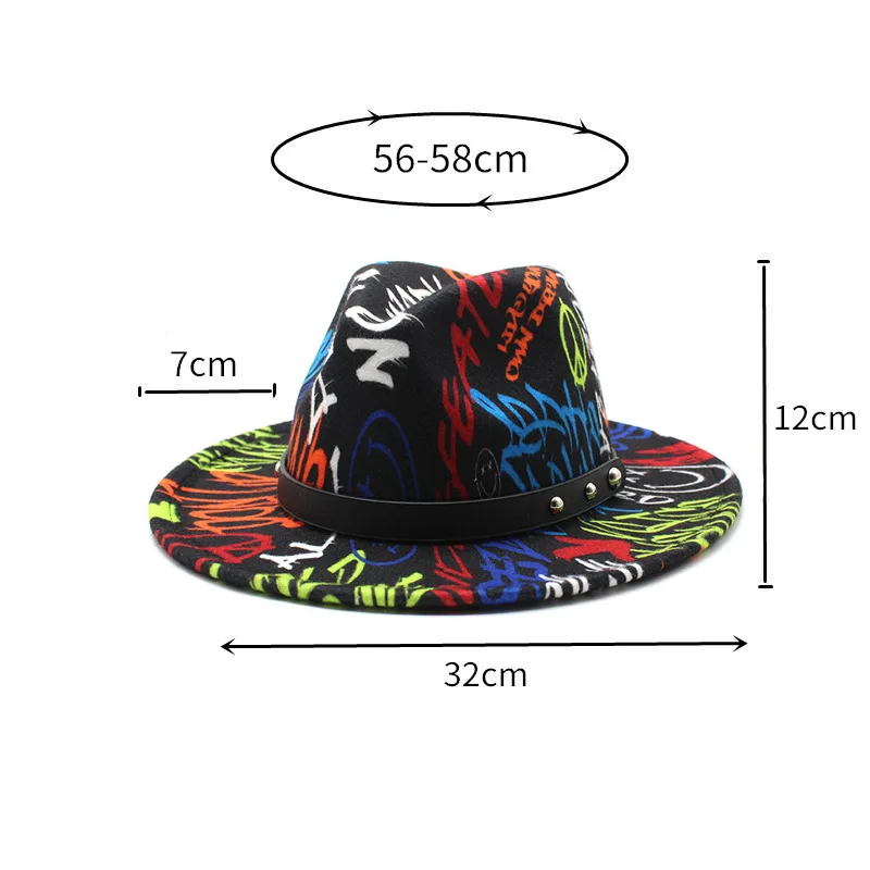 Tie-dye hat fedora hat clown pattern flat brim jazz big brim hip hop fashion stage brim graffiti 3D jazz hat кепка мужская