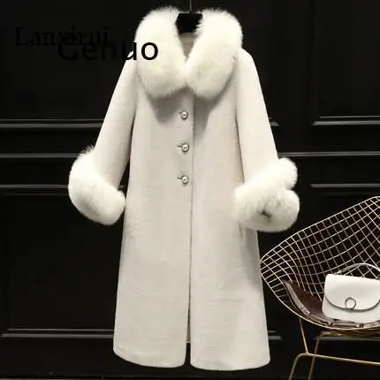 Fashion Women\'s Granules Sheep Skin Suede Fur Coat Ladies Long Coat One Fox Fur Elegant Temperament Coat Female