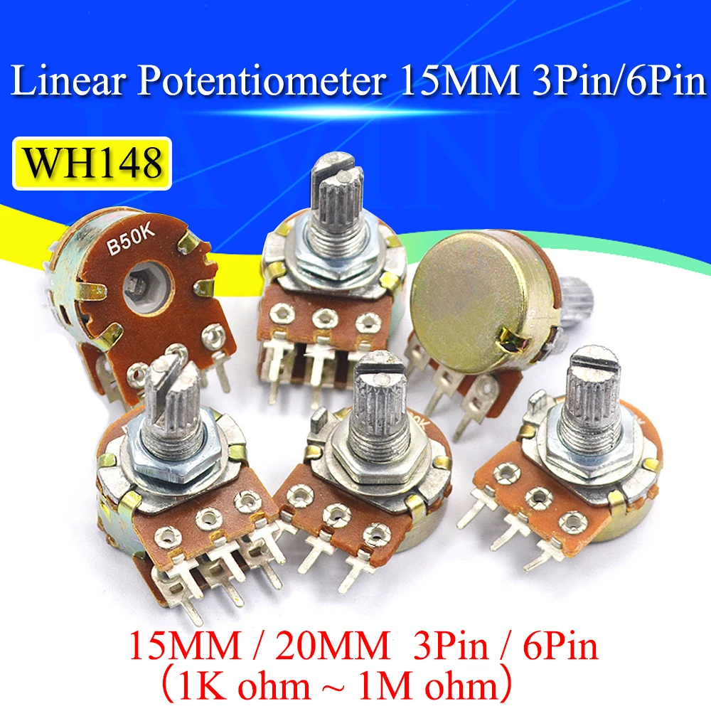 5PCS WH148 Potentiometer with switch 3/6Pin 15MM/20MM Shaft Amplifier Dual Stereo Potentiometer 1K 2K 5K 10K 50K 100K 500K