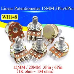 5PCS WH148 Potentiometer with switch 3/6Pin 15MM/20MM Shaft Amplifier Dual Stereo Potentiometer 1K 2K 5K 10K 50K 100K 500K