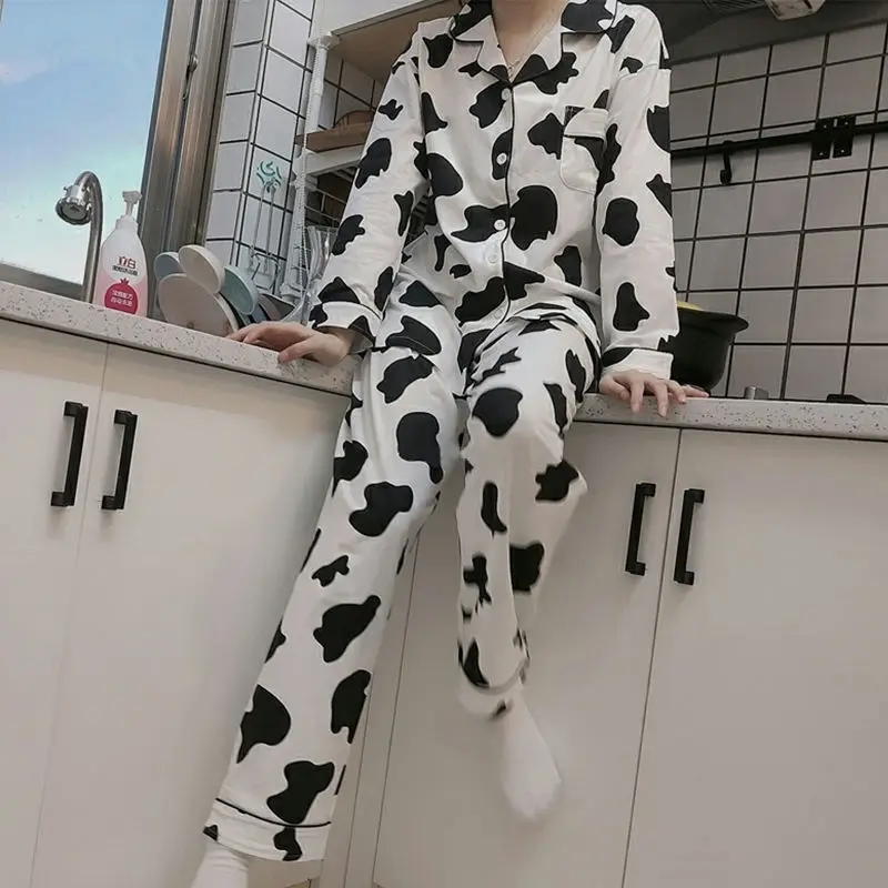 Pajama Sets Women Printed Cow Korean-style Couples Long-sleeve Homewear Clothing Comfortable Students Loose Leisure Fashion Chic