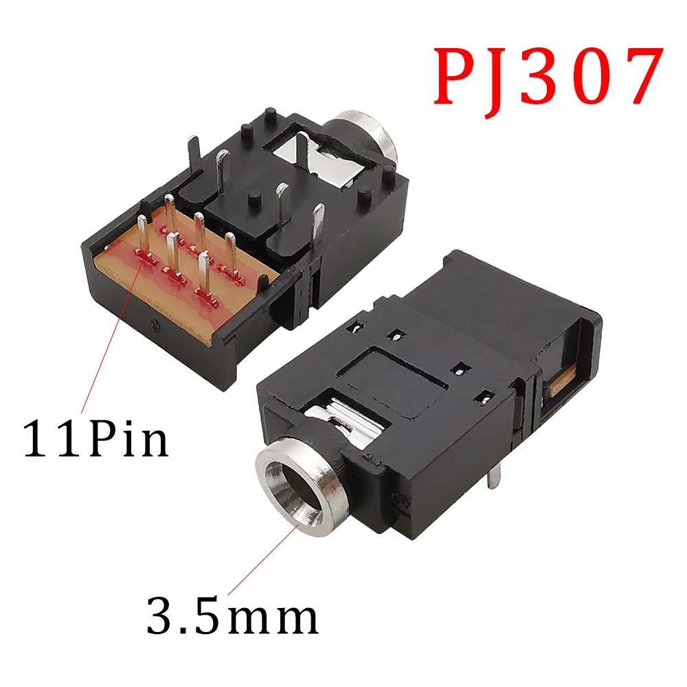 2Pcs Jack 3.5mm Connector with Switch PJ-307 PJ307 3.5mm Stereo Audio Headphone Socket 11Pin PCB Dual Track Female Head Adapter