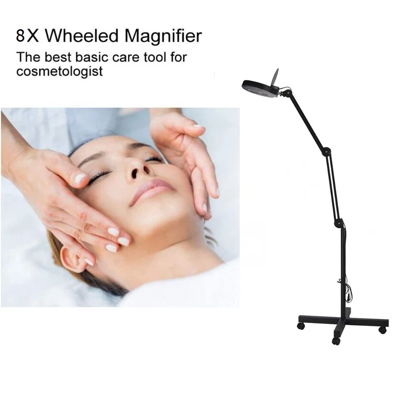 8X Magnifier Floor Stand Lamp Adjustable Cold Light LED Tattoo Lamp Nail Art Beauty Salon Light With 4 Omnidirectional Wheels