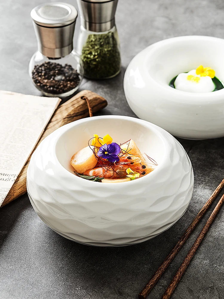 White Round Thick Ceramic Plate Western Food Noodle Soup Bowl Special-shaped Dinner Plate Hotel Restaurant Tableware Porcelain