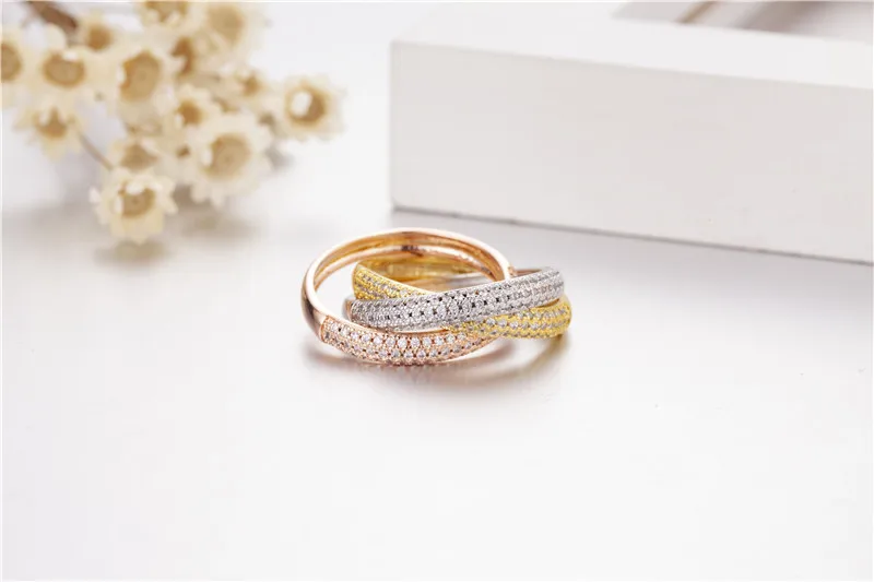 Triple Circles Gold/Rose Gold/Silver Ring Three Colors Luxury Jewelry 925 Silver Pave 5a CZ Ring Women Wedding Finger Rings Gift
