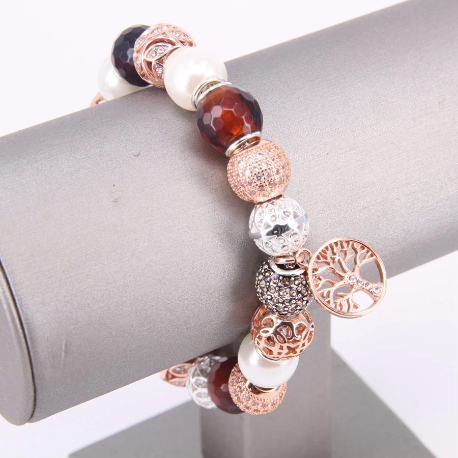 Thomas Style Rose Gold Sun, Pearl and Olive Tree Bracelet Beads with Tree Charm, Fashion Women Bracelet For Women TS B108