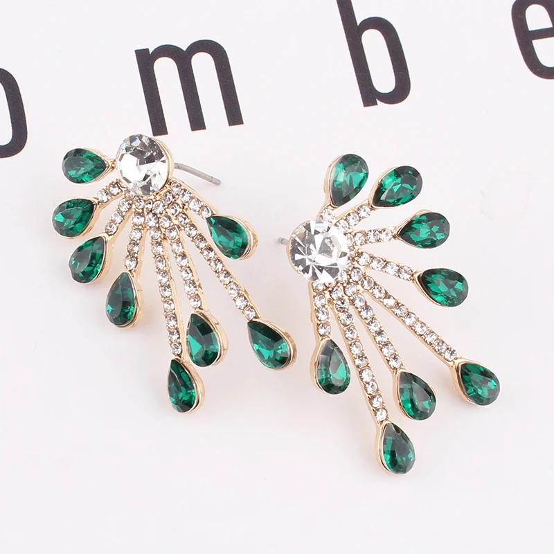 LUBOV 30 Kinds Crystal Green Stone Dangle Earrings Rhinestone Inlaid Geometric Metal Dangle Earrings Women Jewelry