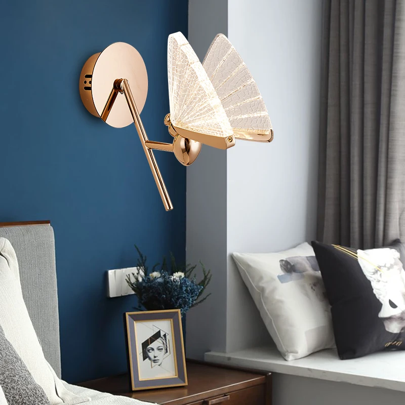 

Современная Минималистичная акриловая настенная лампа в скандинавском стиле с бабочками, освещение для спальни, кабинета, гостиной, насекомых из цинкового сплава