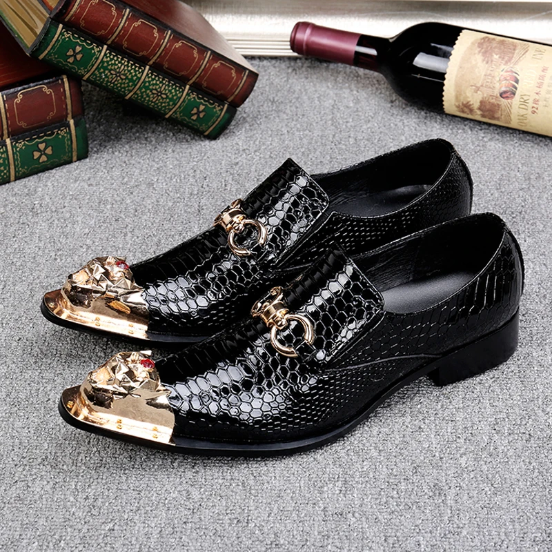 Summer Business Dress Men\'s shoes Black Snake Embossed Genuine Leather Shoes Dragon Head pointed Party Trend Wedding shoes