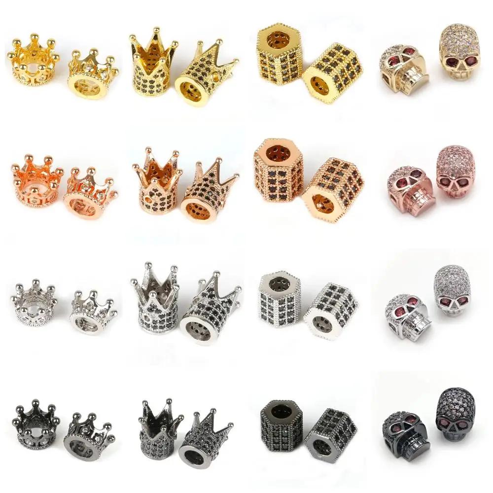 Metal Copper Zircon Crystal CZ Geometry Crown Leopard Helmet Skull Loose Spacer Beads for Jewelry Making DIY Charm Bracelets