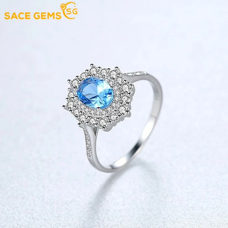 

SACE GEMS 100% 925 Sterling Silver 10*10mm Aquamarine Paraiba High Carbon Diamond Rings For Women Sparkling Wedding Fine Jewelry