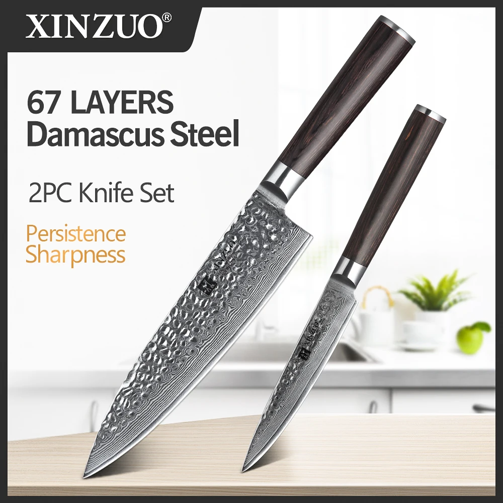 

XINZUO 2PCS Kitchen Knife Set Damascus Steel Chef Gyuto Utility Knives Pakkawood Handle Stainless Steel Kitchen Cutlery