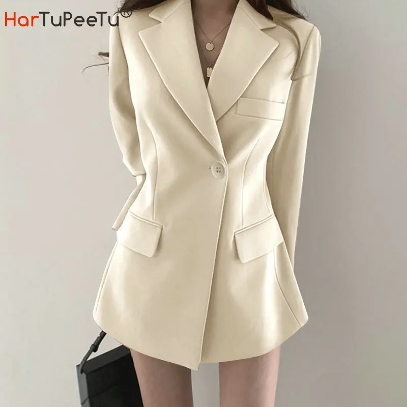 Women Long Blazer Cool Work Jacket Casual Slim Fit Khaki Black Beige Pink Autumn 2023 Office Ladies Tunic Outwear with Pockets