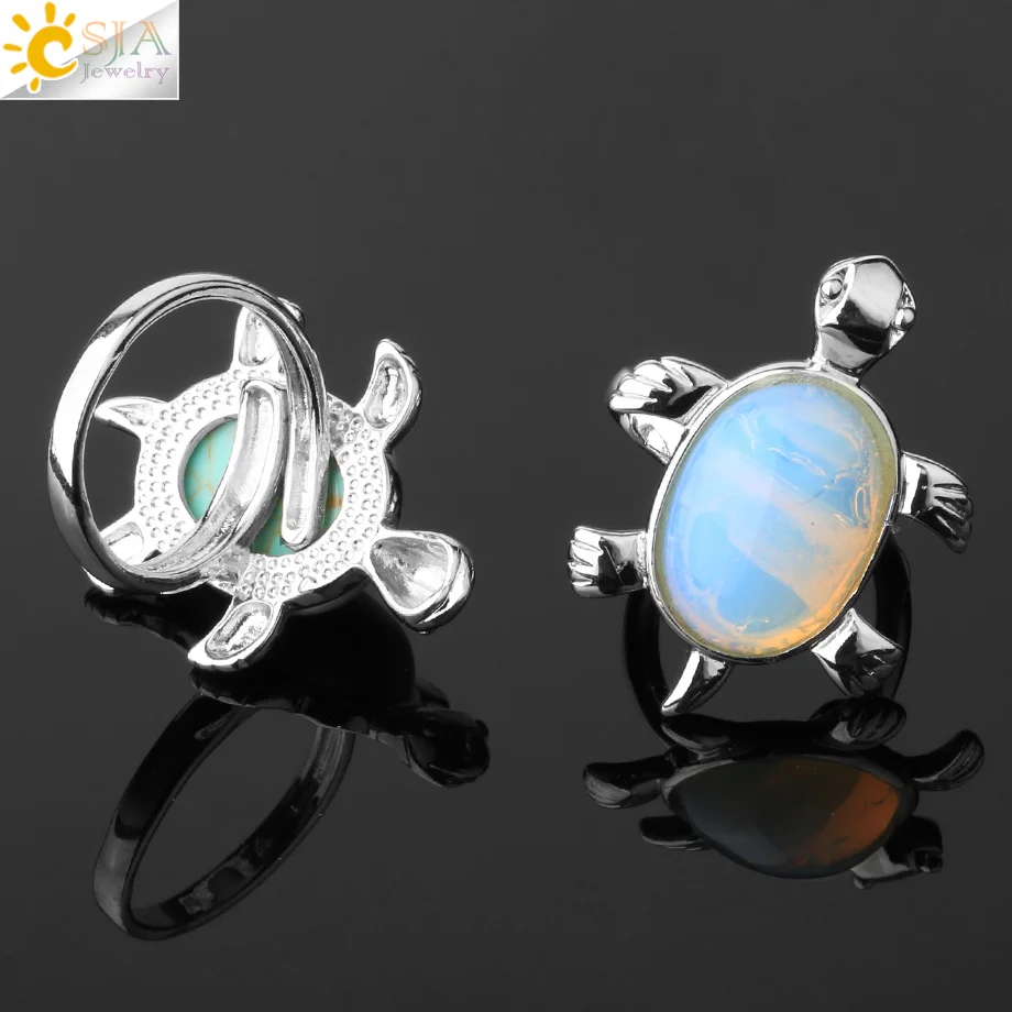 CSJA Women Ring Reiki Natural Crystal Stone Pink Quartz Lapis Silver Color Finger Rings Cute Animal Tortoise Trendy Jewelry F589