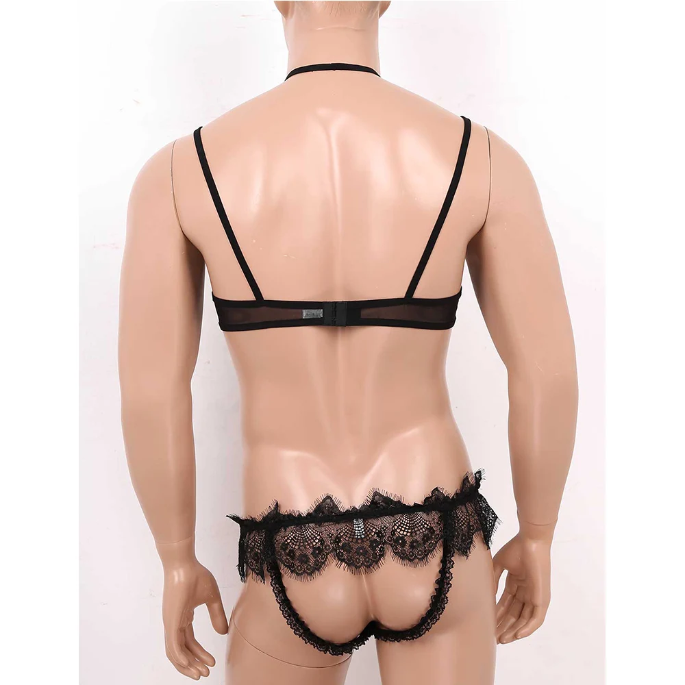 Hot Sexy Men Crossdressing Sissy Lingerie Set See Through Sheer Mesh Lace Gay Underwear Bra Top with G-strings Thongs Panties