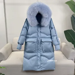 Winter Lose Windschutz Langen Mantel Frauen Echte Natürliche Pelz Mit Kapuze Jacke 90% Weiße Ente Unten Mantel Dicke Warme Schnee Outwear