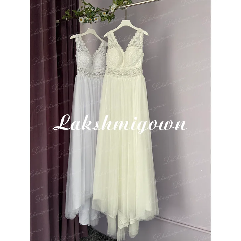 Lakshmigown V neck Bohemian Wedding Dresses Lace Bridal Gowns tulle A-Line Wedding gown Robe De Mariee Country Customized