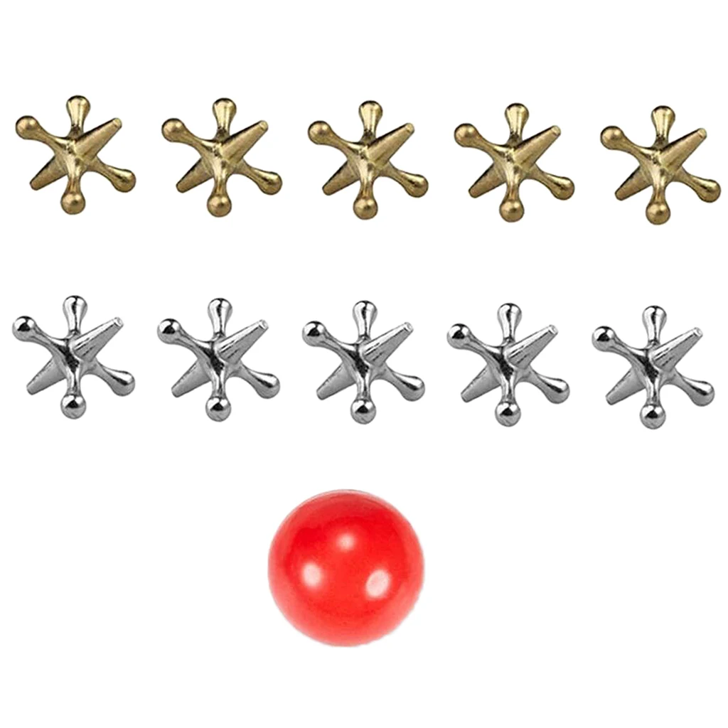 Jack Games- 10 Pcs Gold and Silver Metal Jacks 1 Red Rubber Bouncy Balls Classic Game of Jacks for Party Favor Kids and Adult