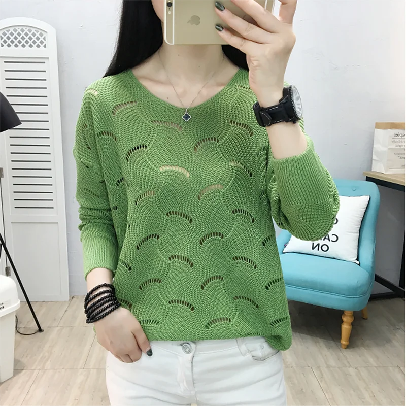 

2023 Spring Cutout Knitted Sweater Women Pullover Summer Loose Ice Silk Thin Section Long Sleeve V-neck Solid Tops Women G260