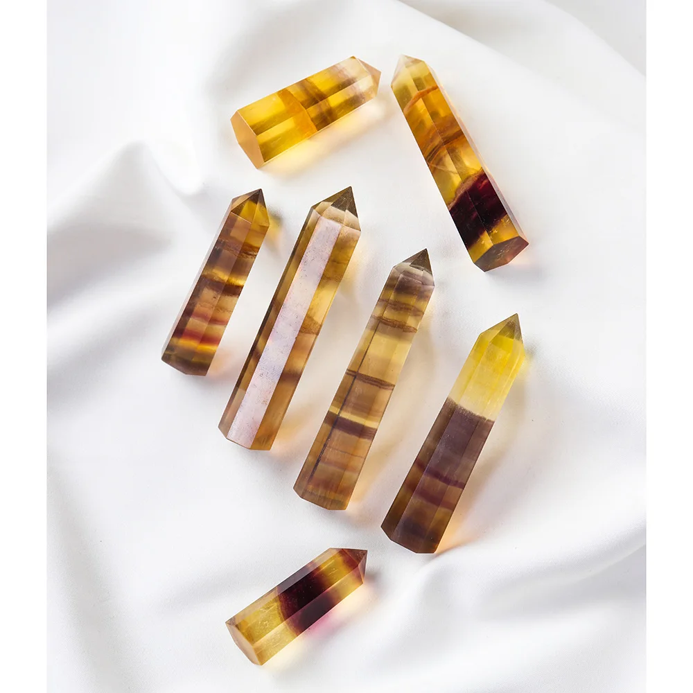 Natural Crystal Striped Fluorite Magic Point Health Energy Gem Hexagonal Ornament Yellow Fluorite Crystal column