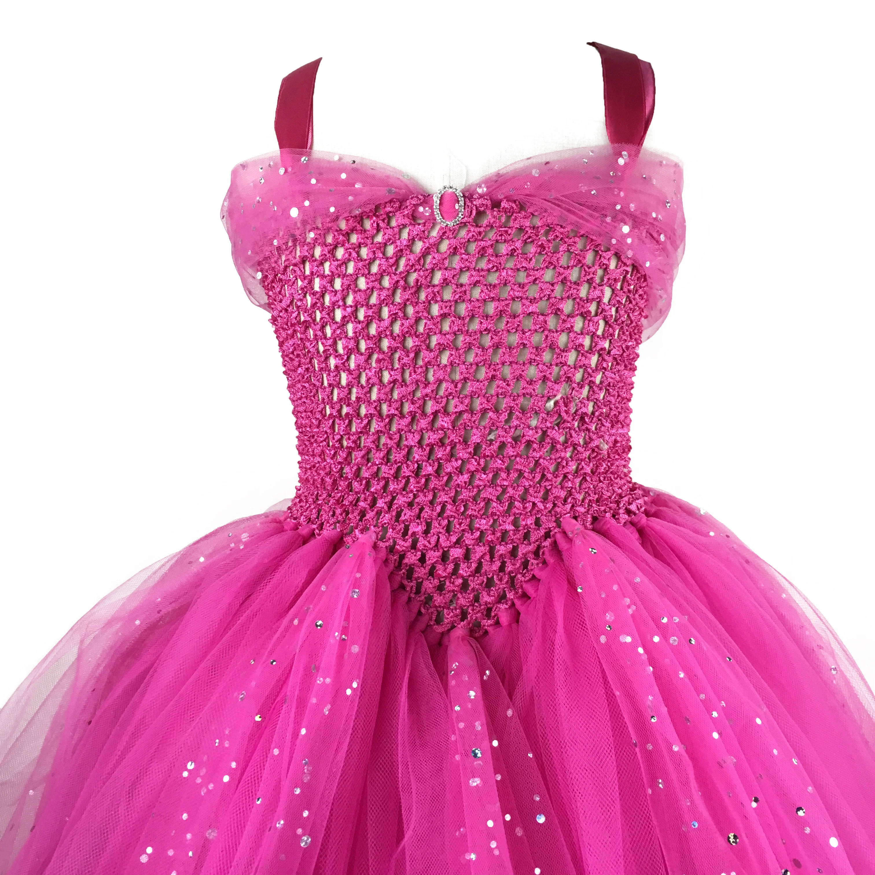 Girls Pink Glitter Tulle Tutu Dress Kids Crochet Evening Strap Dress Ball Gown Children Party Banquet Costumes Sparkle Dresses