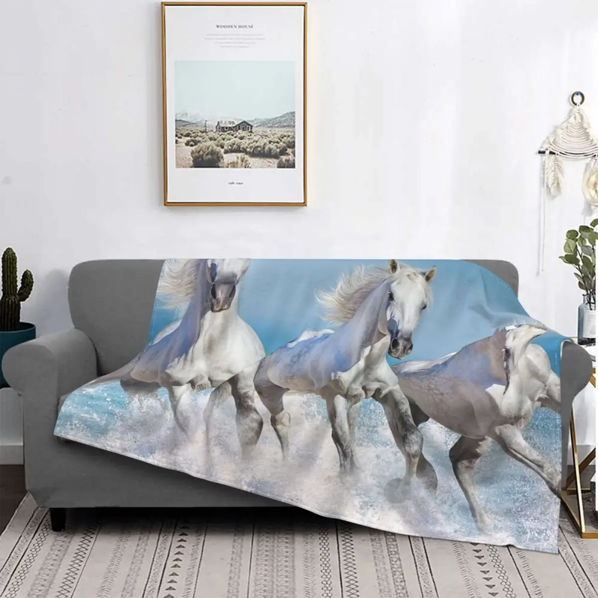 Beautiful White Horse Blanket Galloping Animal Lovers Flannel Throw Blanket Bedding Couch Decoration Ultra-Soft Warm Bedspread