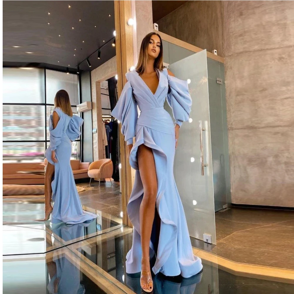 Vestido de baile de sereia sensual, mangas compridas com fenda lateral, decote em v profundo, vestidos formais de cetim macio, vestido de noite, 2021