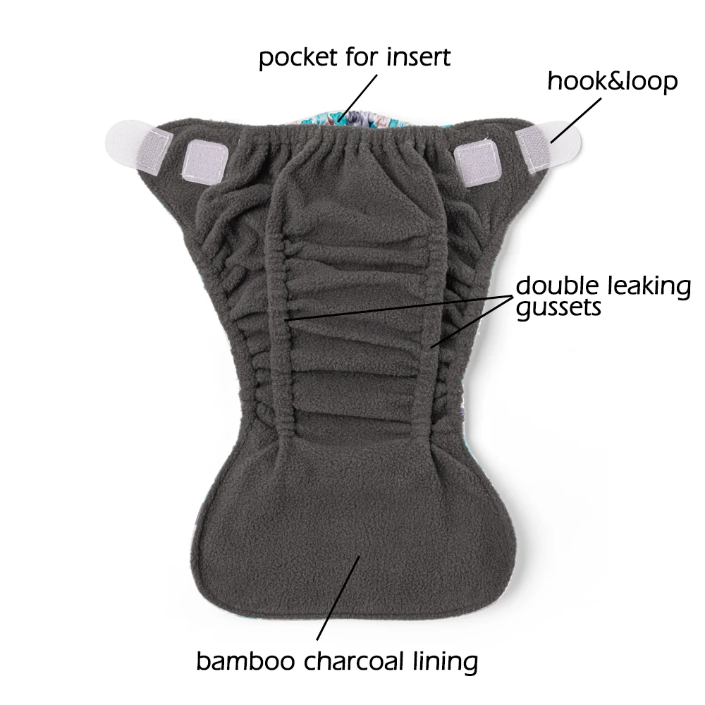 Newborn Baby Pocket Cloth Diaper Nappy NB Premature Diapers Hook and Loop Charcoal Bamboo Lining Waterproof PUL Outer Fit 2-5kg